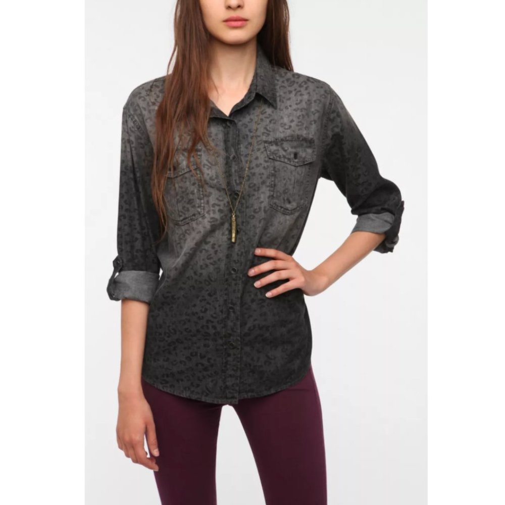 Bdg Leopard Print Chambray Button-Down Shirt Small - image 1
